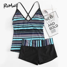 Romwe Спорт Плюс Размер полосатый бикини с топом топ и пляжные плавательные шорты купальники женские нагрудные мягкие купальные костюмы танкини traje de baño
