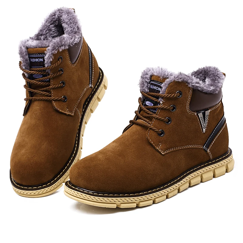 

Men's Boots Casual Martin Brown/Blue Ankle Lace-up With Fur Autumn/Winter Warm Men Shoes