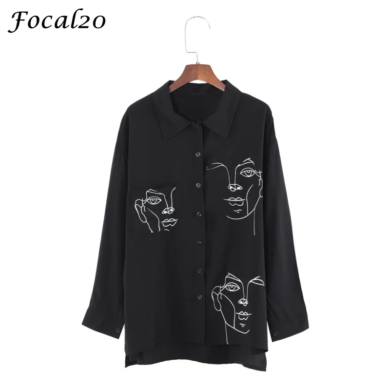 Focal20 Streetwear Face Print Oversize Women Blouse Shirt Focal20 Streetwear Face Print Oversize Women Blouse Shirt