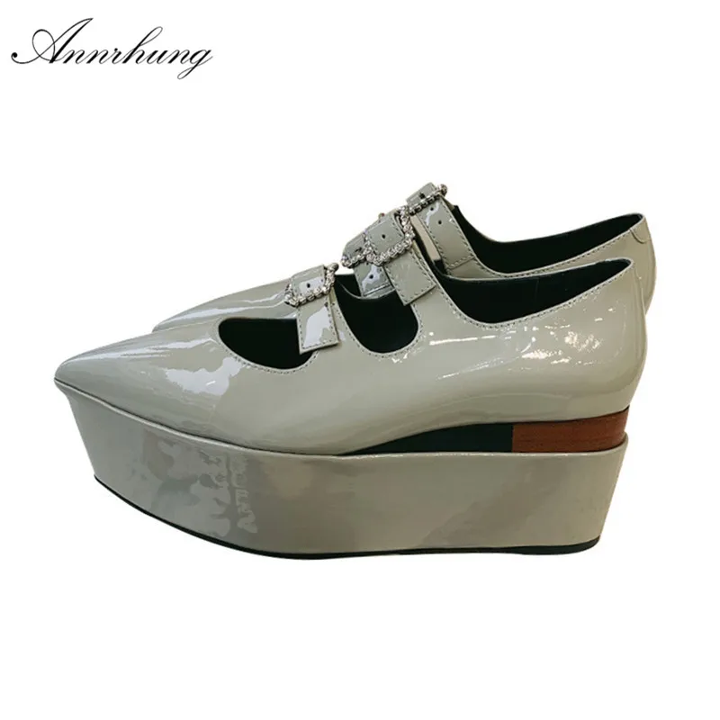 

2019 Thick Platform High Heel Pumps Women Crystal Buckle Decor Pointed Toe High Wedges Mary Janes Patent Leather Spring Shoes