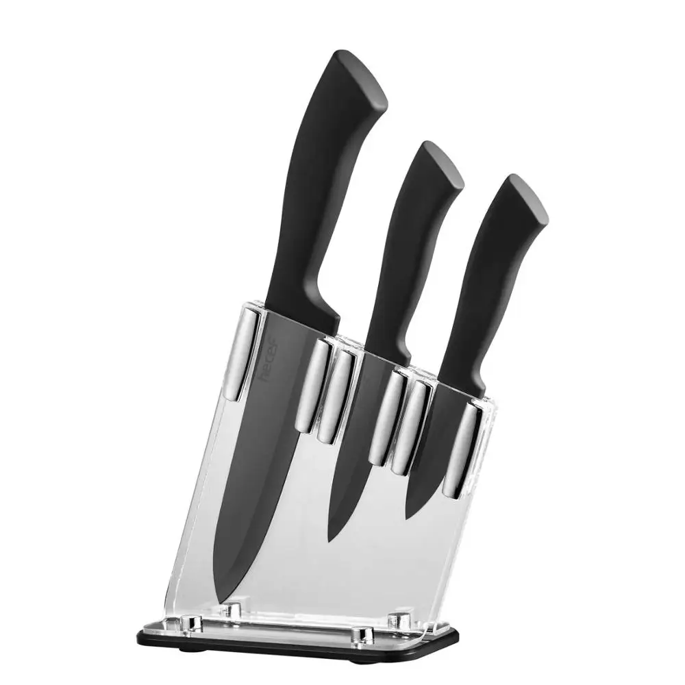 

Hecef 4 PCS Ceramic Knives with Acrylic Stand, Black Ceramic Blade Knife Set,Includes 6'' Chef, 4'' Fruit, 3'' Parining Knife