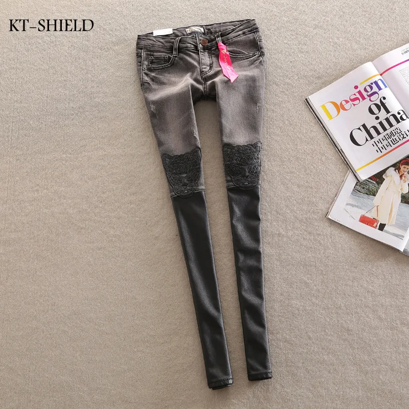 

Ripped jeans for women Denim Jeans Woman gray leather stitching leopard patch jeans Femme Skinny Women Denim jean Pants Trousers