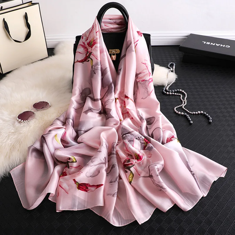 

Design 2019 Women Silk Scarf Summer Shawls and Wraps Female Hijab Floral Printing Pashmina Scarfs Lady Beach Scarves