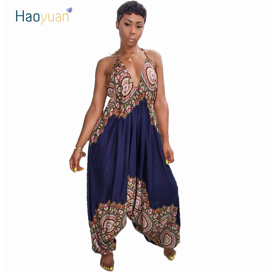 

HAOYUAN African Ethnic Sexy Bandages Womens Jumpsuit Summer Overalls 2018 Casual Loose Backless Print One Pieece Harem Jumpsuit