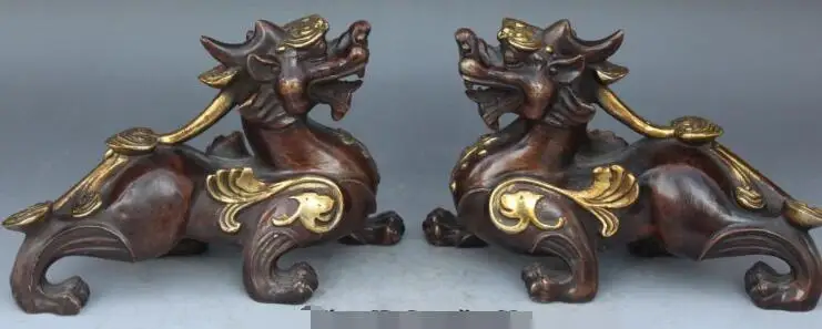 

S2373 12" Chinese Bronze Gilt Exorcise Evil Spirits Dragon Kylin Pi Xiu Statue Pair discount 30% (C0324)