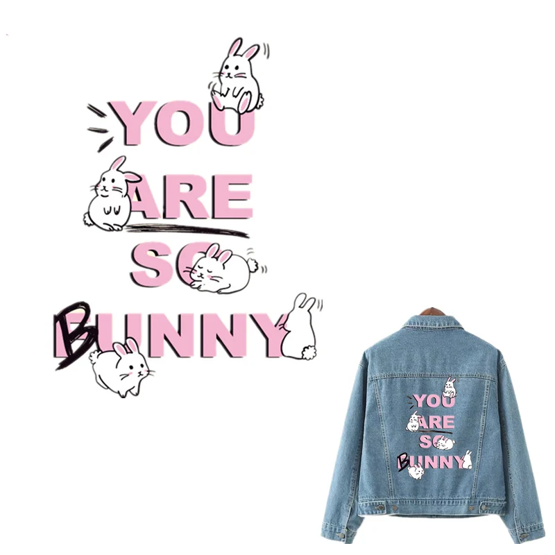 

16.4*22cm Cute Letter Rabbit Patch Iron-on Transfer Patches DIY Clothing Accessories Animal Heat Transfer Appliques For T-shirt
