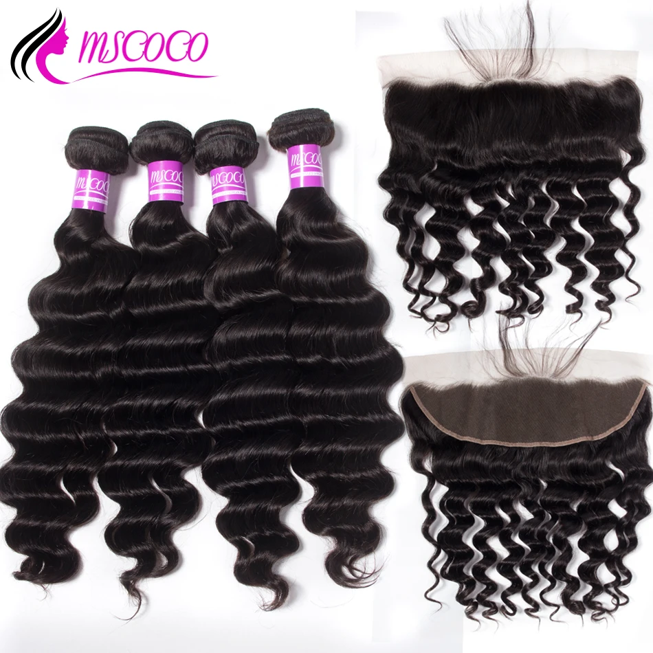 

Mscoco 4 Bundles Loose Deep Wave Bundles With Frontal Closure Brazilian Human Hair Lace Frontal Closure With Bundles Remy Hair