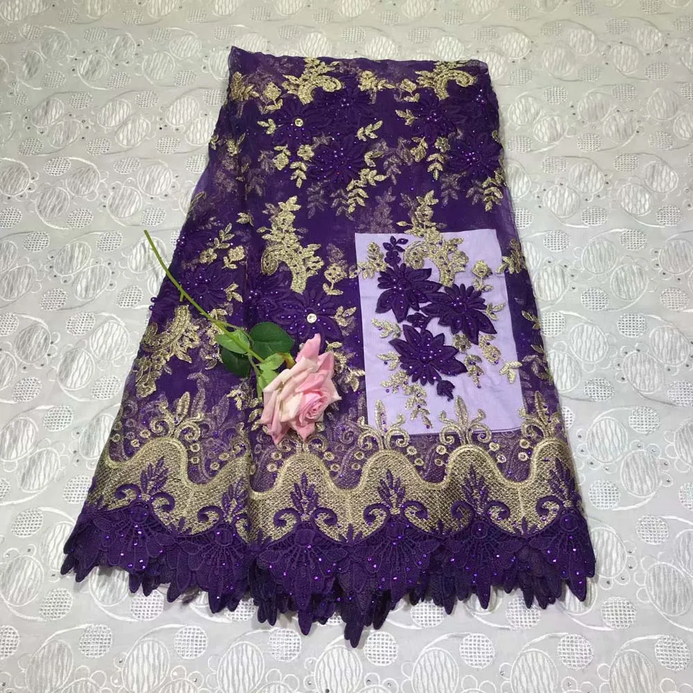 

purple African Beaded Lace Fabric 2019 Embroidered Nigerian Laces Fabric Bridal High Quality French Tulle Lace Fabric For Women