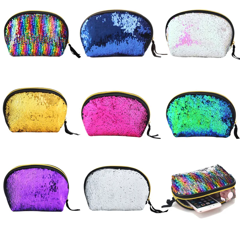 

Fashion Paillette Women Cosmetic Bag Sequin Zipper Polyester Makeup Bag Multifunction Hand Holding Mermaid Shell Storage Bag
