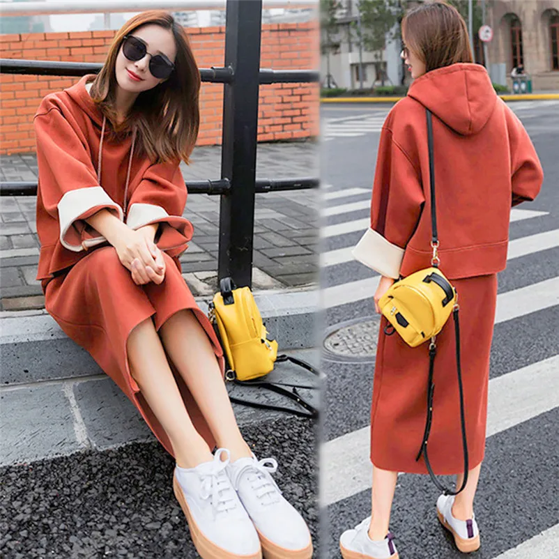 Two-Piece Women's Hooded Skirt Sportswear Sweatshirt Sportswear long sweater skirt women's clothing conjuntos de mujer 3D05 (10)