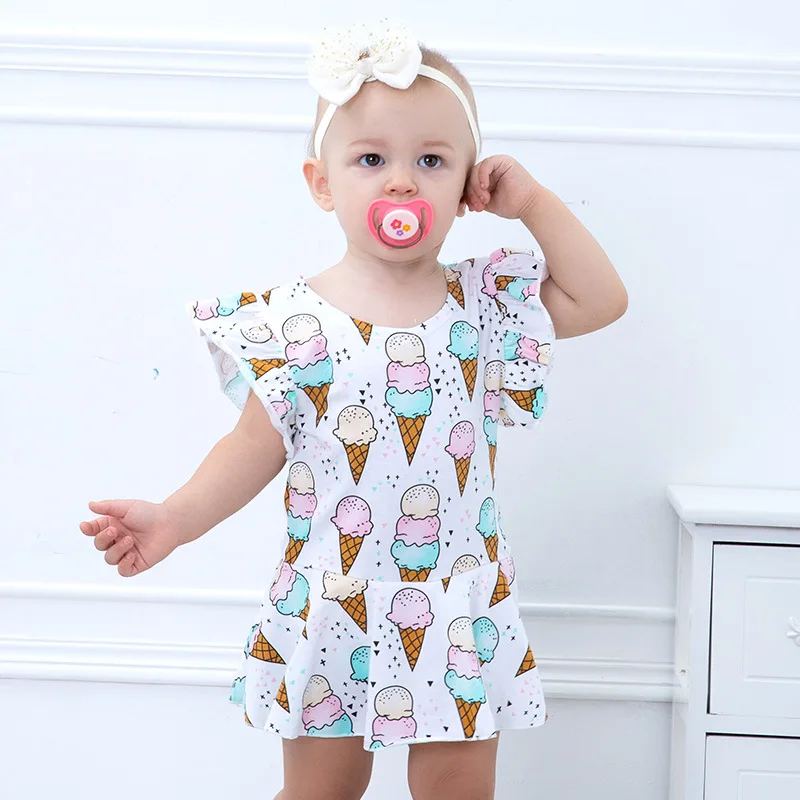 

2018 Cartoon Newborn Onesie Toddler Ice Cream Flutter Sleeve Bodysuit Infant Girl Summer Clothes Short Sleeve Bodysuit Baby