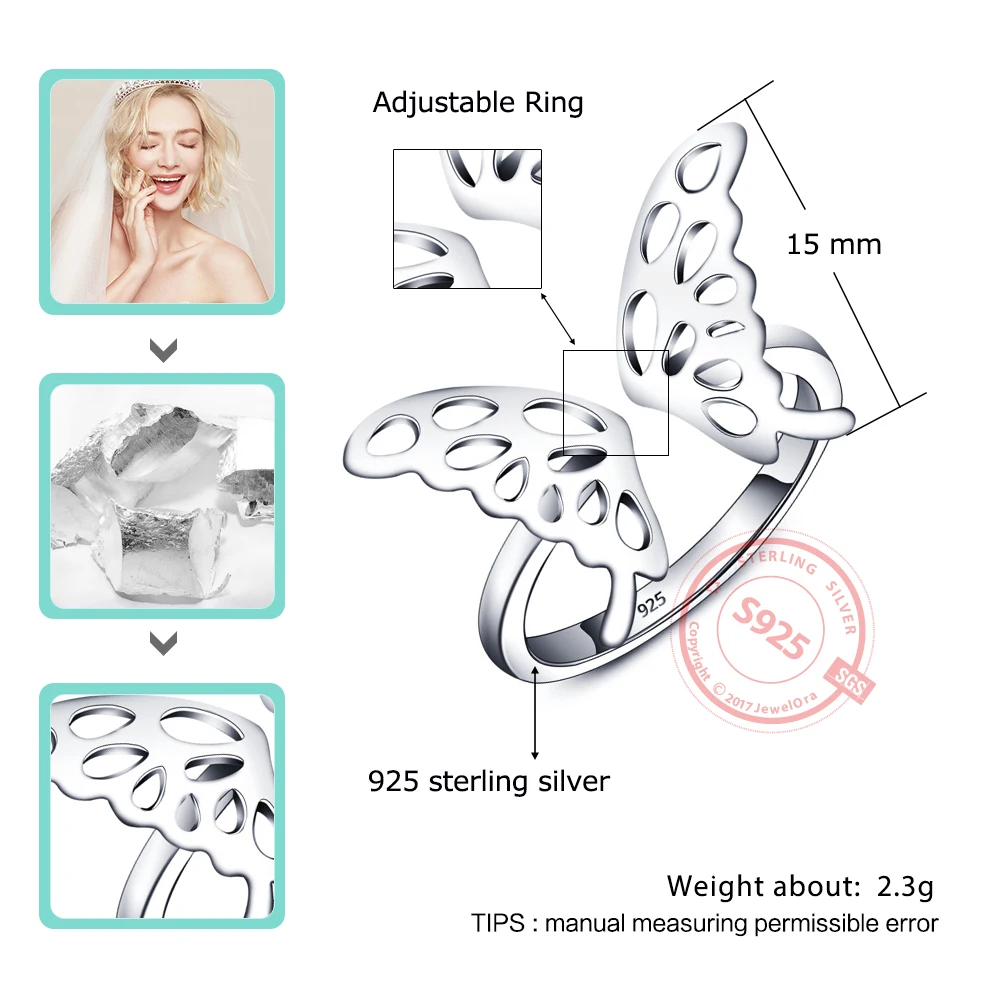 Adjustable Butterfly Accessories 925 Sterling Silver Rings For Women Fashion Party Jewelry Gift Ideas For Her(JewelOra RI101802)