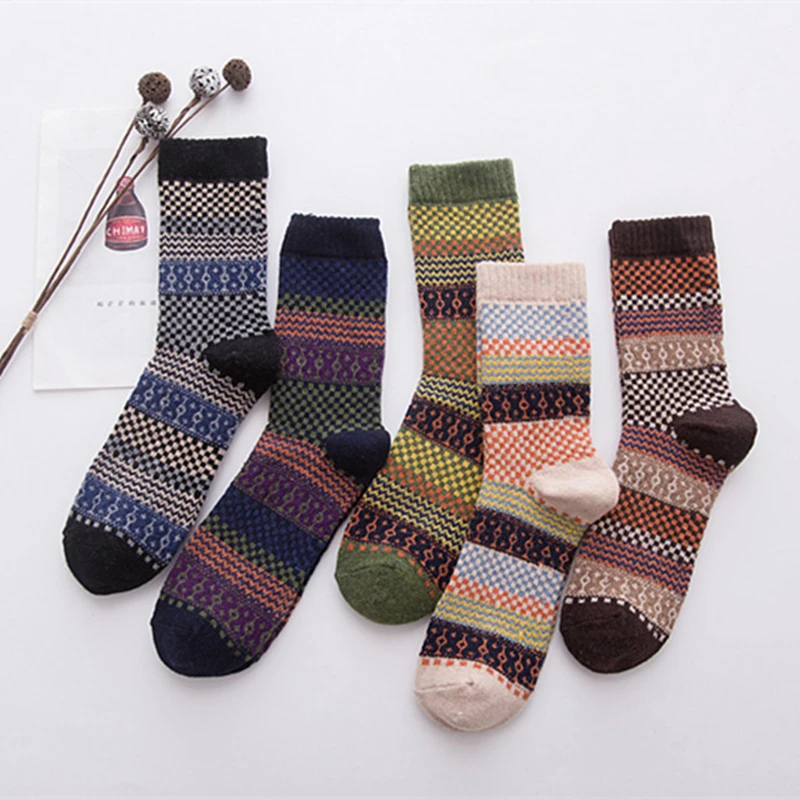 

Men's Fashion Funny Colorful Socks Winter Thick Warm Vintage Stripe Wool Socks Casual Business Male Crew Socks High Quality