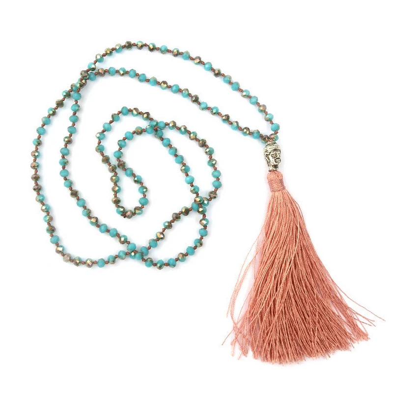

4MM Glass Knotted Nepal Charm Bead Tassels Necklace for Women Bohemian Tassel Necklace Long Chain Yoga Necklace Girls Gift
