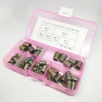 

50PCS M4 M5 M6 M8 M10 Zinc Alloy Thread for Wood Insert Nut Flange Hex Socket Head Furniture Nuts Assortment Kit