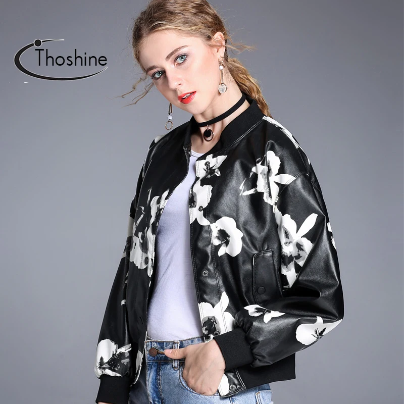 Thoshine бренд Демисезонный Для женщин Цветочный принт Кожаные куртки Свободные