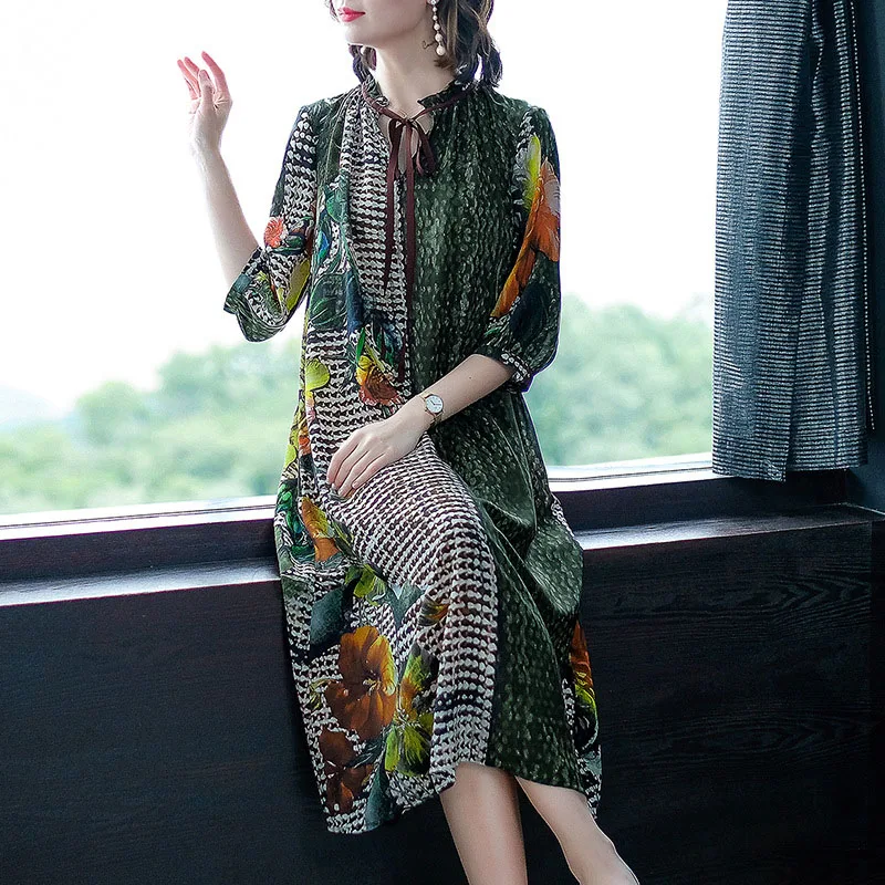

Shirred Color Tie Bow Elegant Ladies Dress Plus Size Spring Summer Vestidos Midi Printed Floral Dresses Travel Holiday Wear 2019
