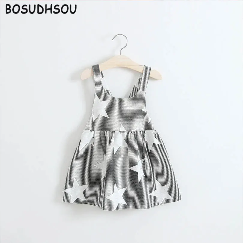 

Bosudhsou HH-21 Girl Summer Dresses Children Strip Star Print Princess Blackless Cotton Dress Baby Kids Clothing