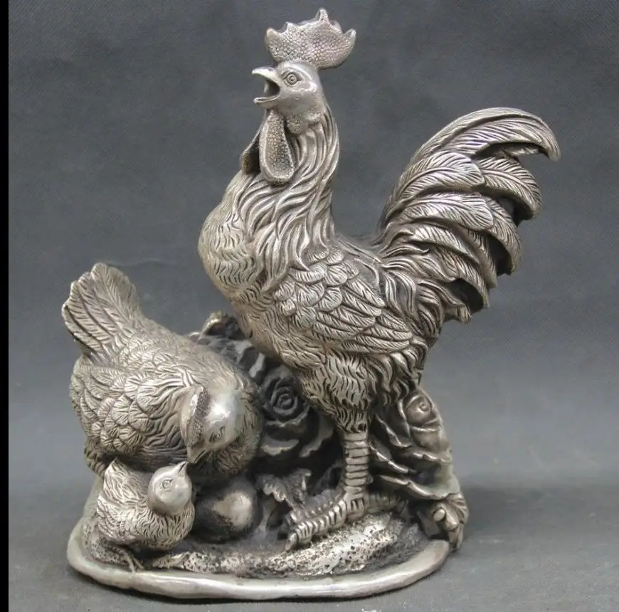 

67111638+++10" Marked Chinese Fengshui Silver Zodiac Year Rooster Cock Statue Sculpture