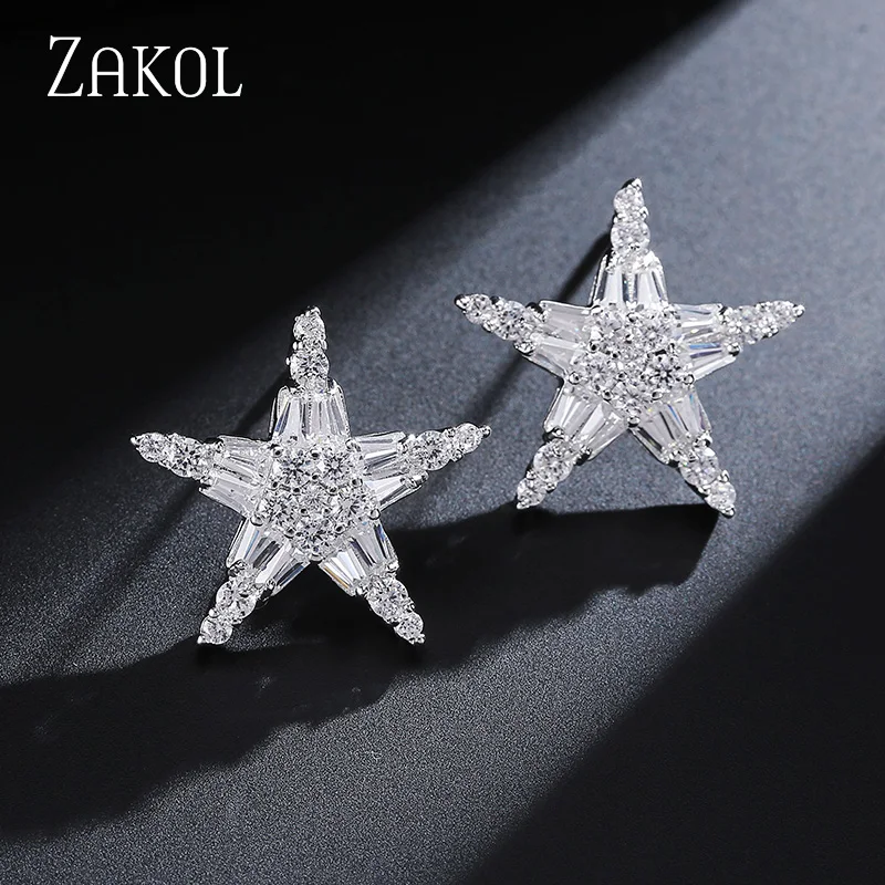 

ZAKOL Exquisite Star White Color Earrings Top Quality Zirconia Trendy Stud Earrings For Women Wedding FSEP500
