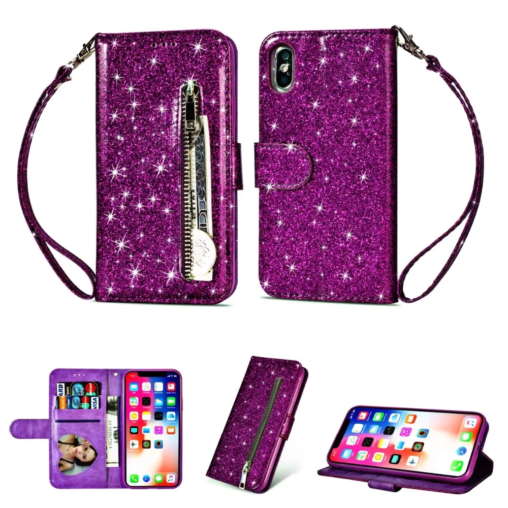 

Glitter Zipper Wallet Bling Leather Case for iPhone Xs Max XR Xs 7 8 6S Plus Card Slots for Samsung Galaxy Note 9 8 S9 S8 S7 S6