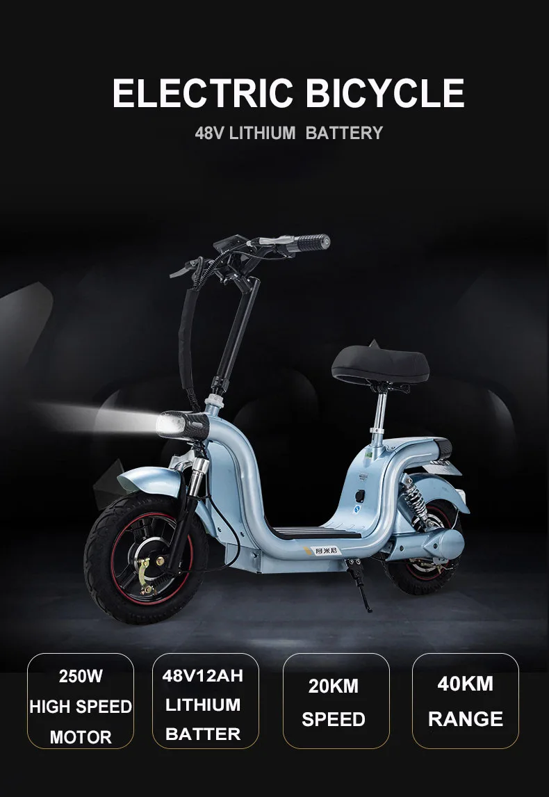 Top 12 inch electric scooter 48V lithium battery 250w high speed brushless motor city electric bike 20km/h range 40km 0