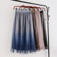 На весну и зиму женские кружевные фатиновые длинные градиентные юбки женские плиссированные строки Упругие Высокая Талия плиссированная юбка в сеточку X26