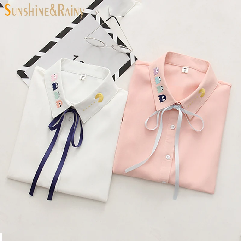 

2017 spring summer women solid shirts ladies blouse tops ruffles loose cartoon embroidery sweet bow office collar blouse