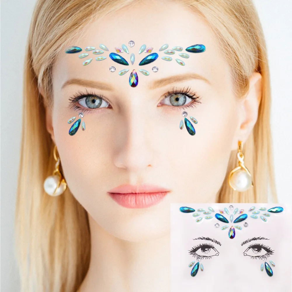 

2PCS Bohemia Tribal Acrylic Resin Drill Stick Bindi Handpicked Face Eye Jewels Forehead Stage DIY Party Decoration Sticker