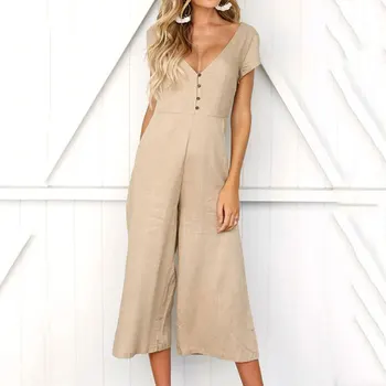

2019 V-Neck Beach Jumpsuit Women Backless Rompers Womens Short Sleeve Female Jumpsuit Ladies Sexy Summer Jumpsuits Button