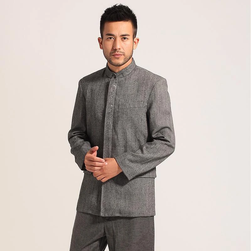 High Quality Dark Gray Men's Chinese Tunic Suit Top Winter Thick Wool Jacket Embroidery Dragon