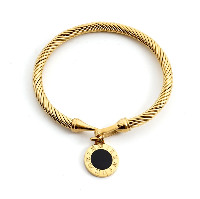 

Stainless Steel Rose Gold Silver Color Cable Wire Black Round Charm Women Bracelets Bangles For Jewelry Gift