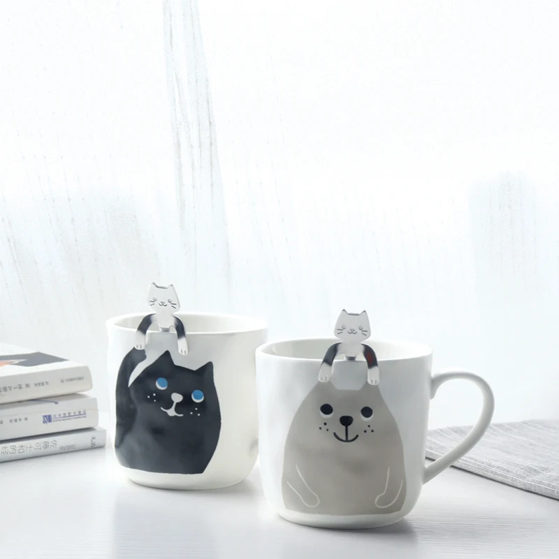 

Cartoon Cute Ceramic Coffee Mug Creative Cat Mugs with cat Spoon Animal Mugs Drinkware Christmas Gift