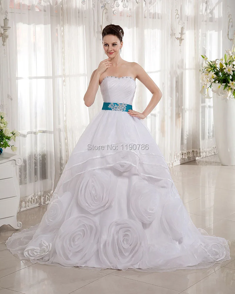 2015 Newest Style Organza Flowers Ball Gown Wedding Dresses Blue