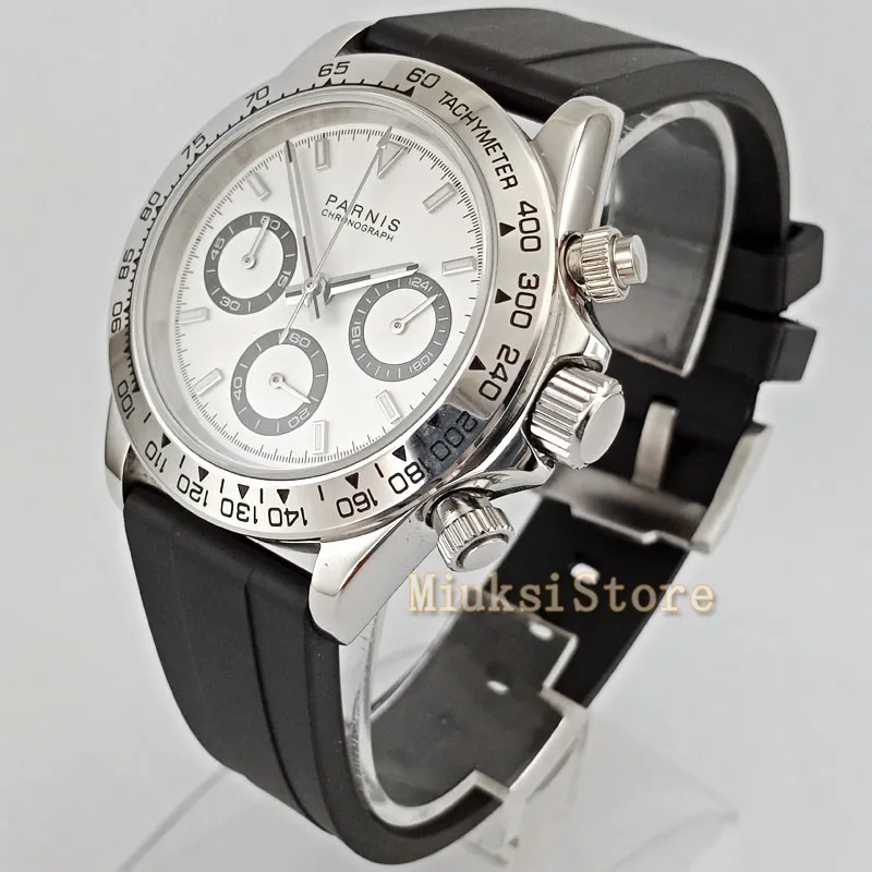 39 мм PARNIS белый циферблат сапфировый хронограф многофункциональные водонепроницаемые Модные Классические кварцевые мужские часы