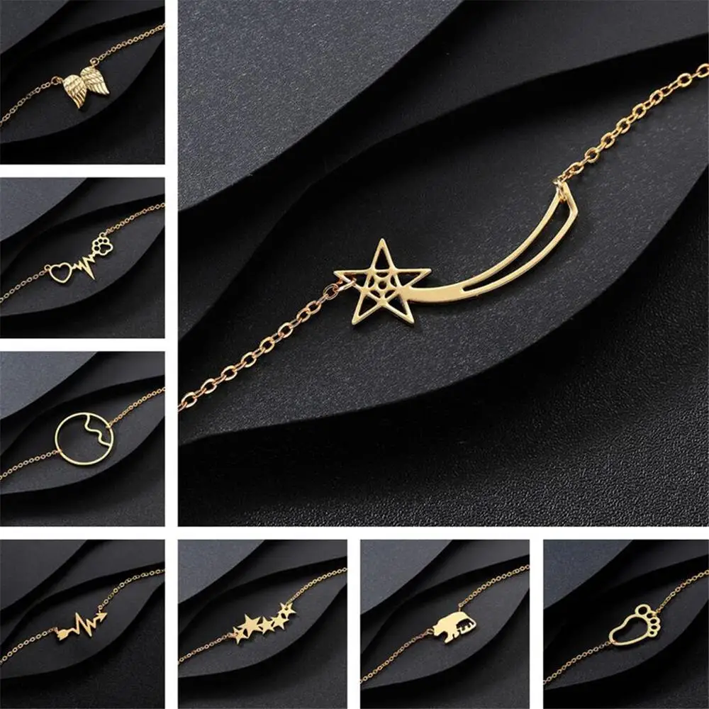 

QIAMNI Star Heart Electrocardiogram Wings Wave Bear Cat Dog Paw Feet Bracelet Bangle Party Birthday Gift for Women Girls Pulsera