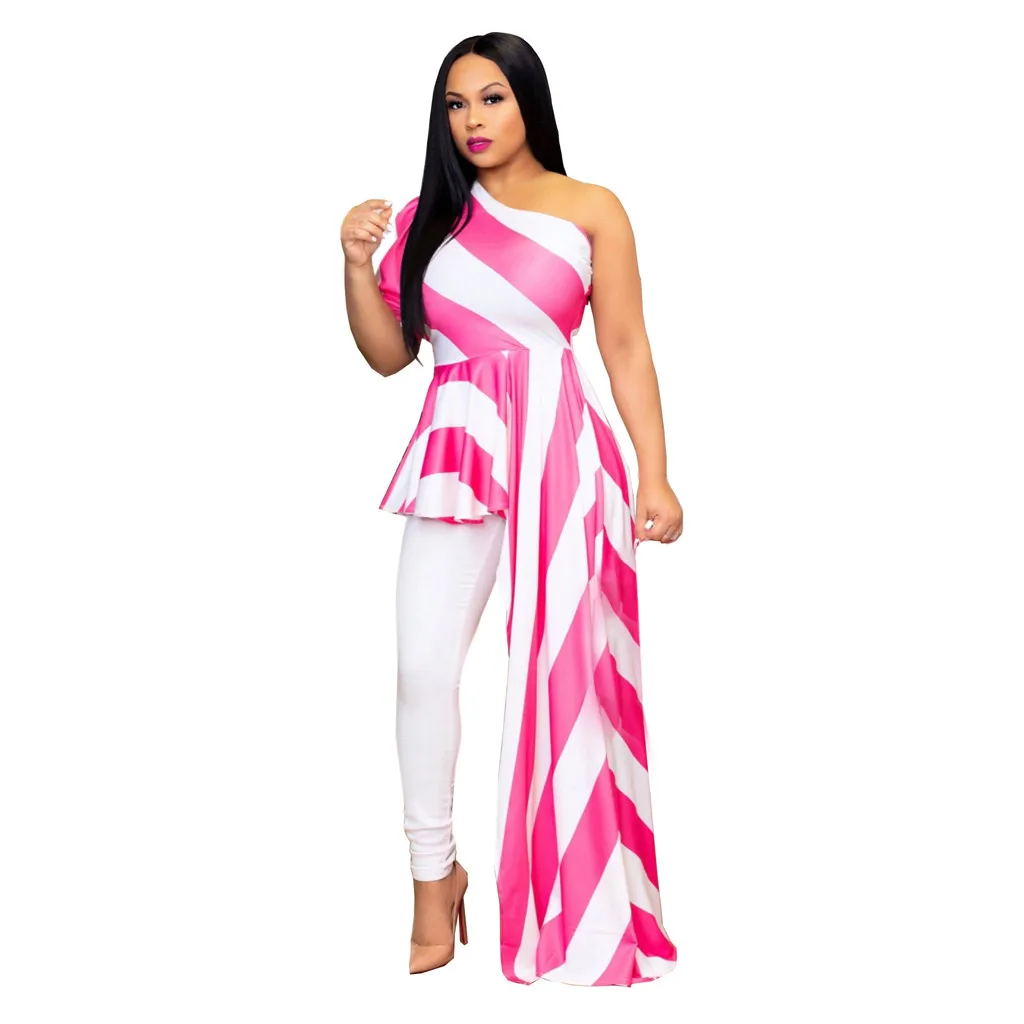 

JAYCOSIN Plus Size Dresses For Women 2019 Summer Ladies Fashion Striped One-Shoulder Party Floor-Length Casual Dresses For Women