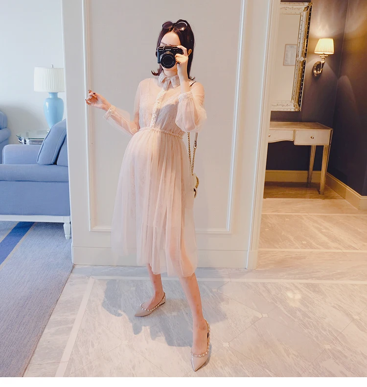 Платье с длинными рукавами для беременных женщин; сезон весна; Модное пышное платье из сетчатой пряжи для мам; платье для беременных