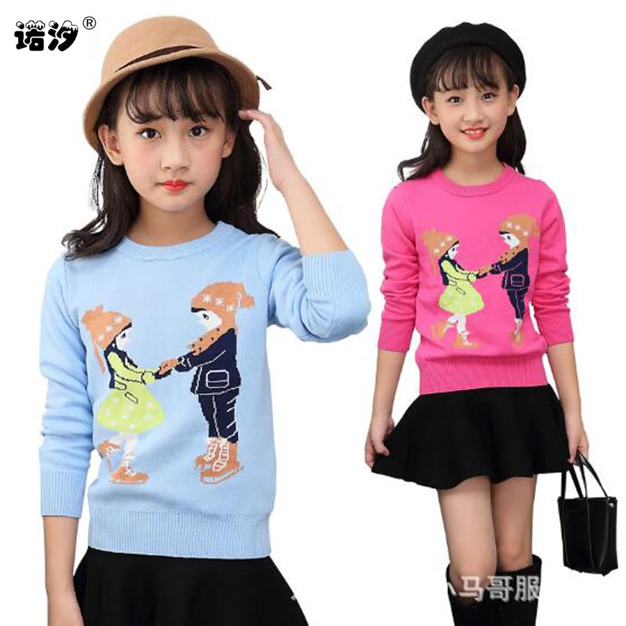 Одежда для девочек из 70% хлопка с круглым вырезом; зимний теплый свитер с плюшевой подкладкой; детские пуловеры; осенние вязаные свободные топы; От 2 до 14 лет верхняя одежда для девочек