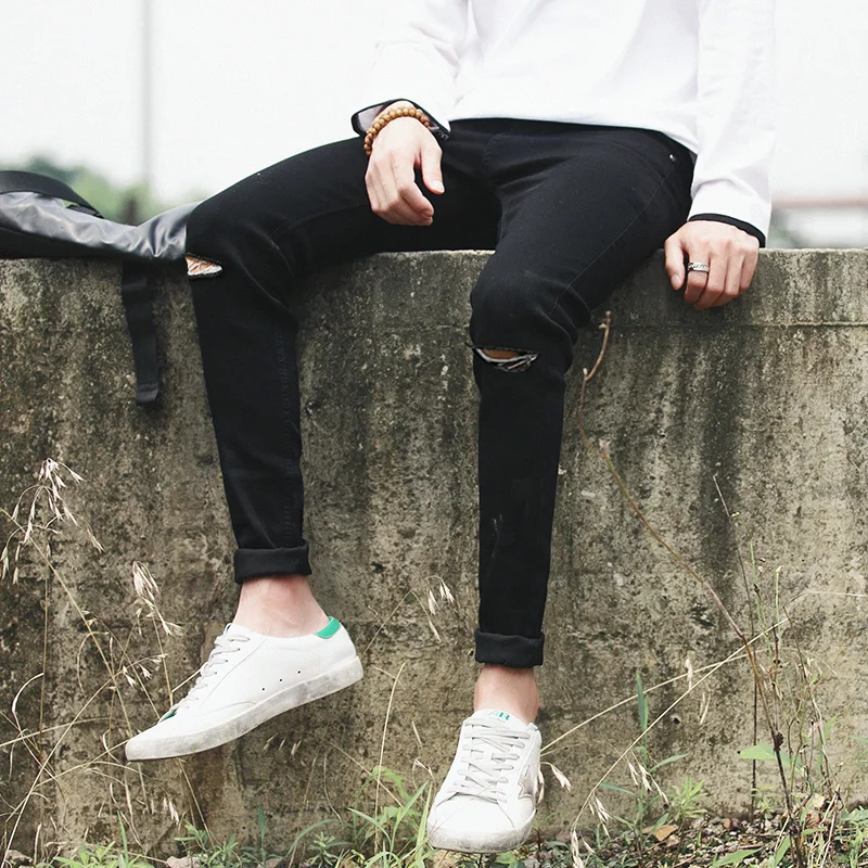 Новогодние осенние белые обтягивающие мужские джинсы со звездами и дырками корейские студенческие Стрейчевые брюки для ног мужские уличные брюки Ropa De Hombre