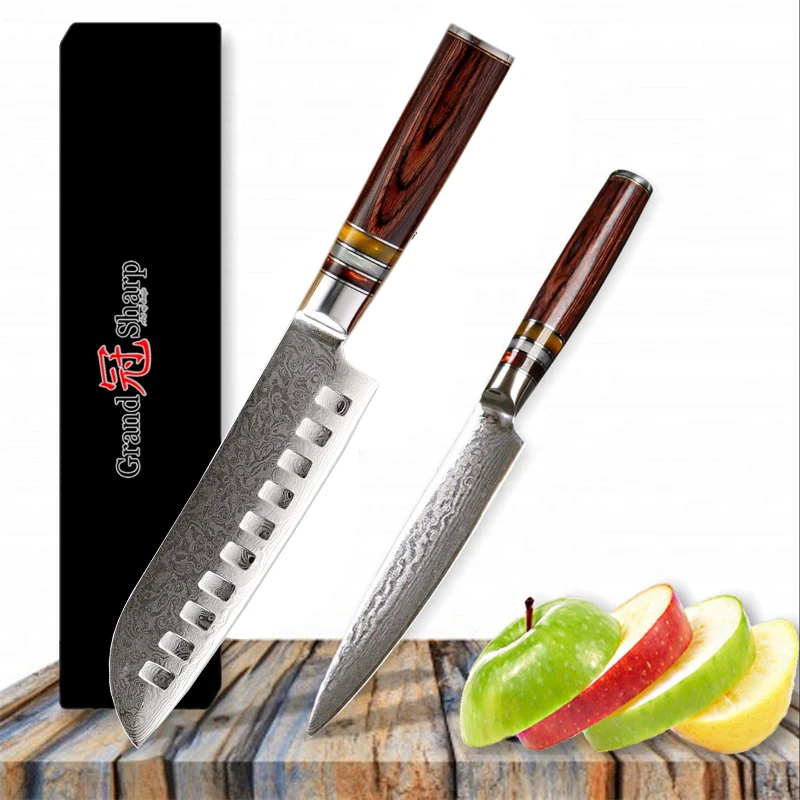 

Grandsharp Damascus Knife Set 2 Pcs Santoku Utility Chef Knives 67 Layers Japanese vg10 Damascus Stainless Steel Kitchen Knife