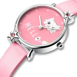 KDM милые детские наручные часы с мультяшным котом детские часы для девочек с блестящими бриллиантами Водонепроницаемые кожаные милые