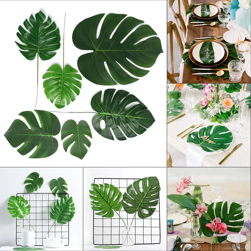 

Hot Sell 12pcs Artificial Silk Palm Leaves Simulation Leaf Tropical Green Turtle Luau Theme party Home Decor Garden Decoration