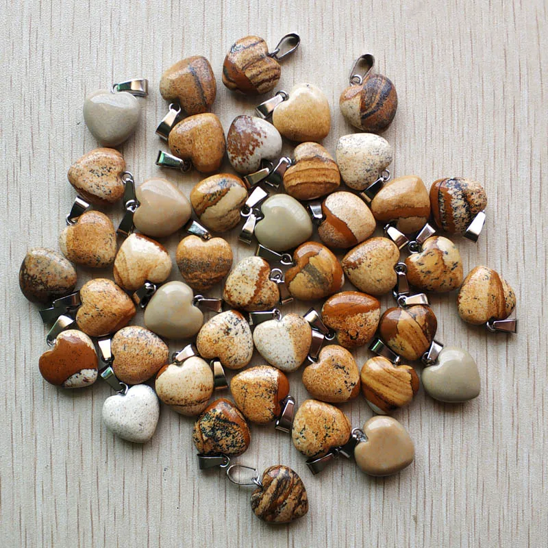 

Wholesale 50pcs/lot 2019 new fashion good quality natural picture stone love heart pendants 16mm charms for jewelry making free
