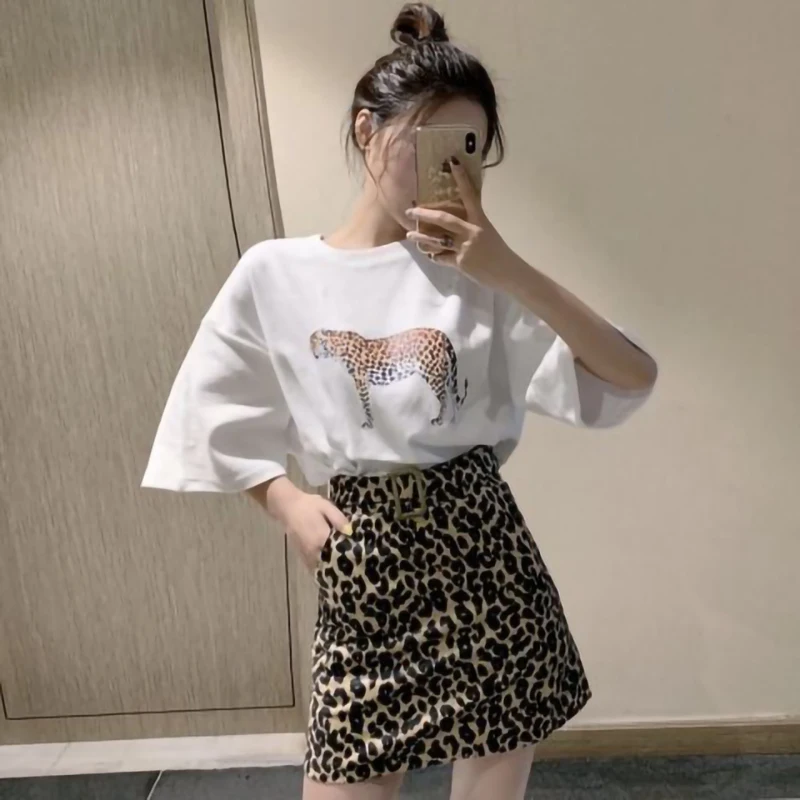 

Leopard 2 Piece Set Women Short sleeve Print Loose White T shirt High waist Skirt Set Spring Summer Clothes Outfits