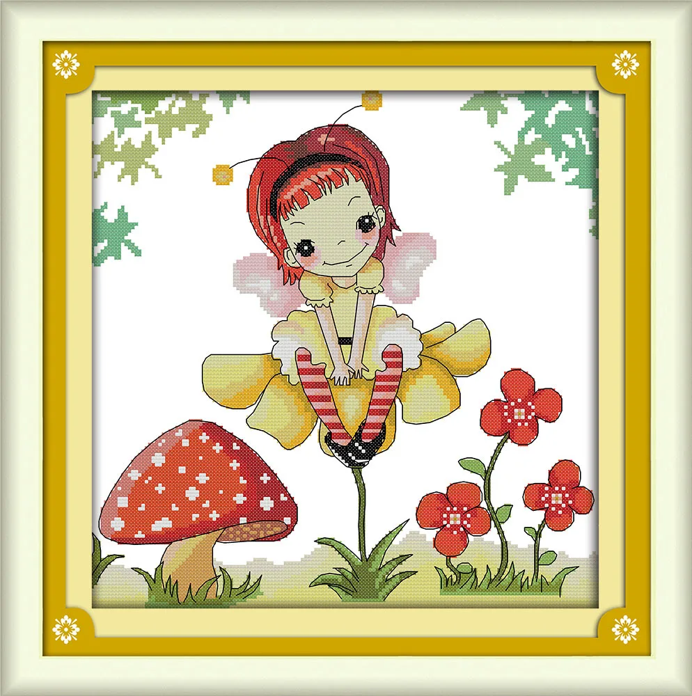 

The girl sit on the stamen Canvas DMC Counted Cross Stitch Kits printed Cross-stitch set Embroidery Needlework