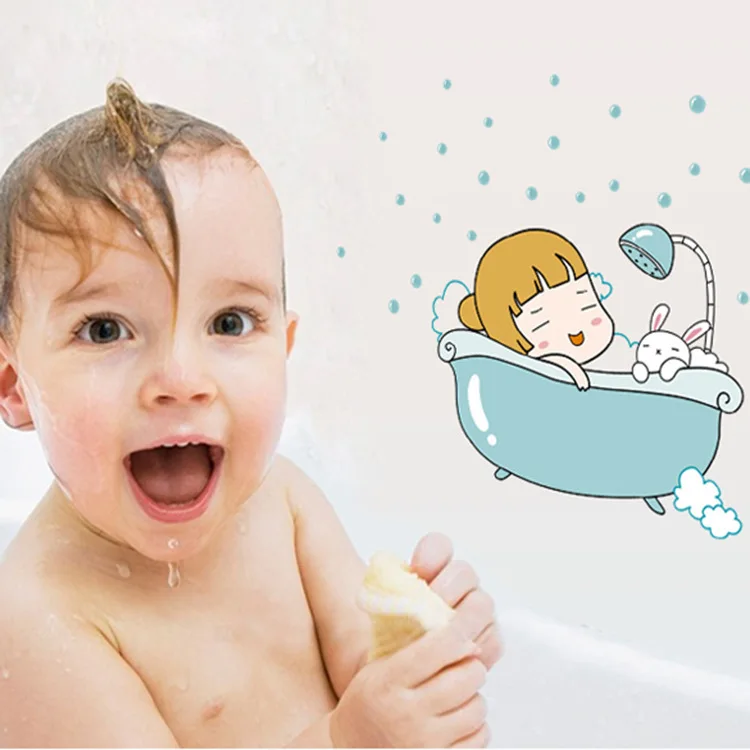 A New Cartoon Wall Sticker Sheet Bath Little Girl Bathing Baby Fashion