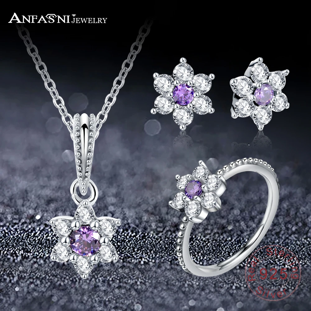 

ANFASNI Newest 925 Sterling Silver Jewelry Sets Forget Me Not Floral With Purple & Clear CZ Women Luxury Wedding Jewelry PSST12