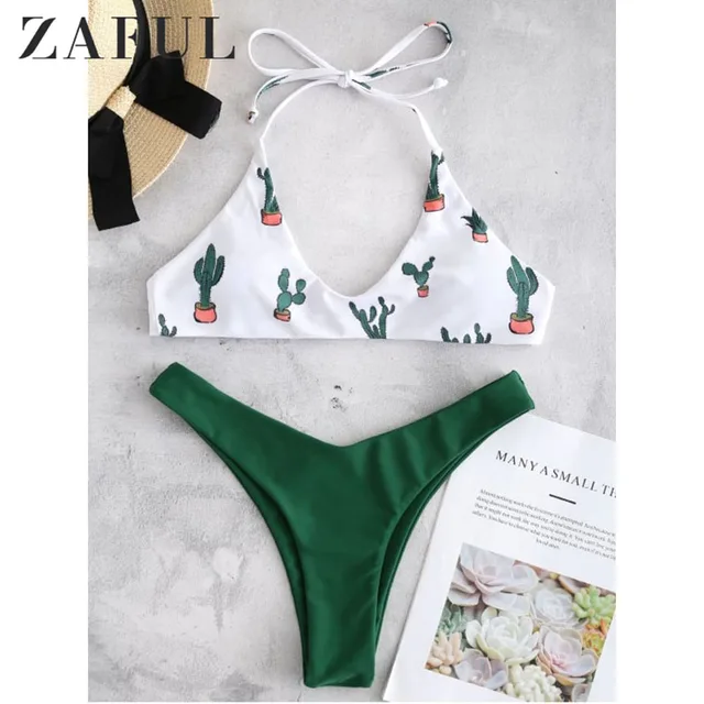 {Excellent|Wonderfull|Very Good|Very Recommended} ZAFUL Halter Cactus Print Bikini Set Swimwear Women High Leg Swimsuit Sexy Padded Thong High Cut Bikini Bathing Suit Biquni Cheap Offers