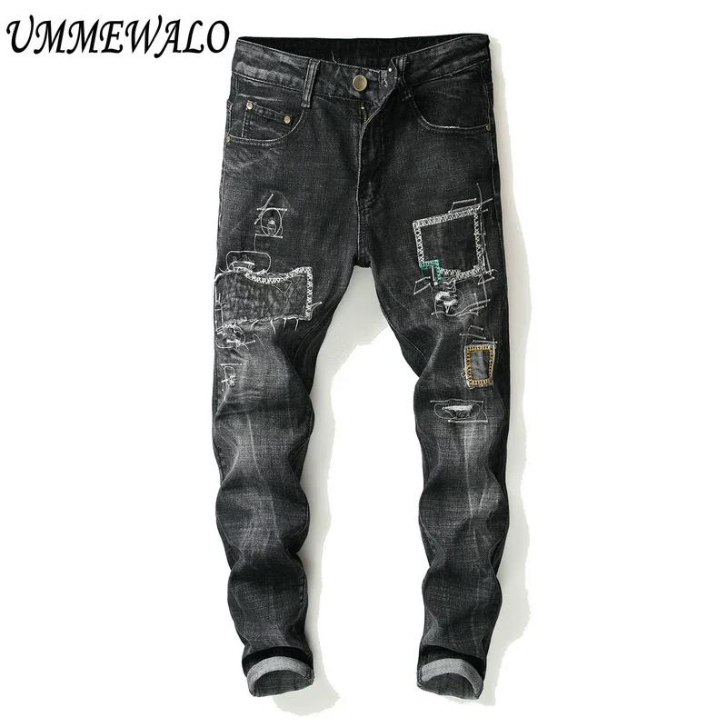 UMMEWALO Black Ripped Denim Jeans Men Design Skinny Jeans Man Cotton Slim Straight Casual Jean Pants Male Quality Patchwork Jean